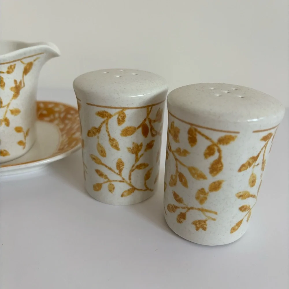 Vintage Mikasa Intaglio Gravy Boat with Salt and Pepper Shakers Ardsley Yellow